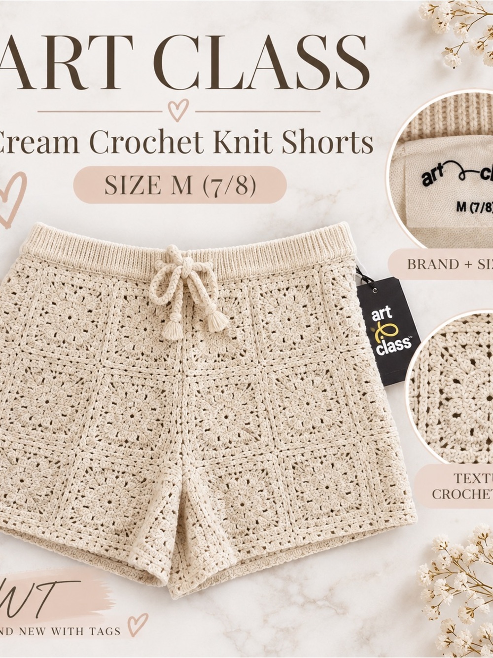 art class Cream Crochet Knit High-Waist Shorts